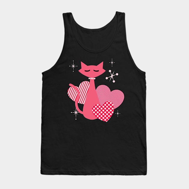 Atomic Hearts Mid-Century Modern Retro Valentines Cat Tank Top by ksrogersdesigns